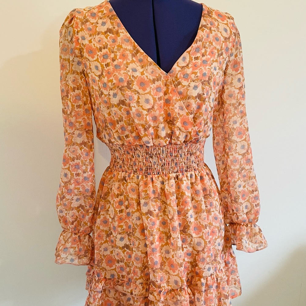Lush Orange and Cream Floral Long Sleeve Dress